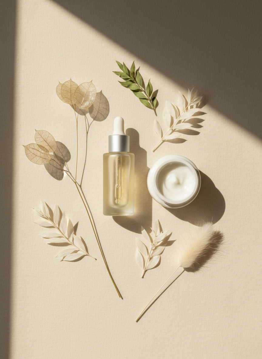 Productos de skincare minimalistas sobre fondo crema: sérum de vidrio y tarro de crema blanca con botánicas secas y luz natural suave