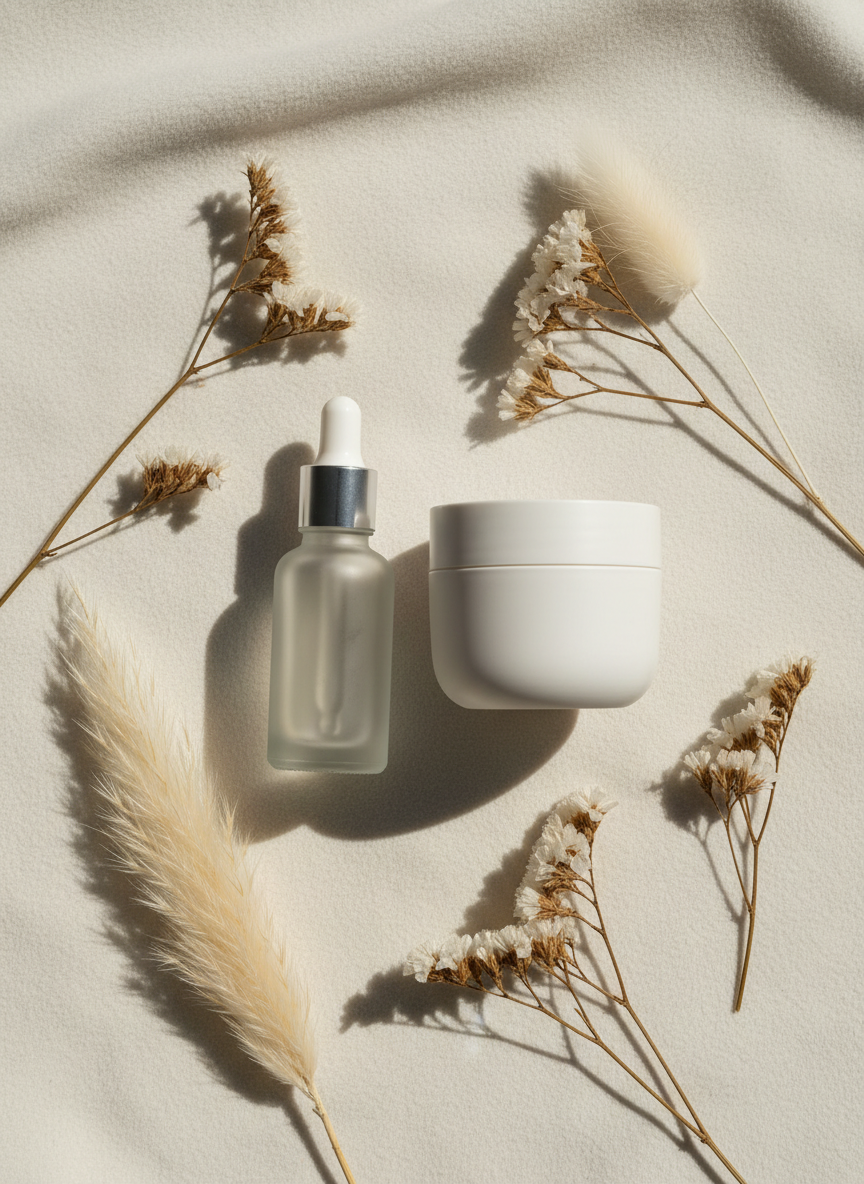A minimalist skincare product flatlay on a soft cream background: a glass serum bottle with dropper and a white jar of face cream, surrounded by delicate dried botanicals and soft natural light, top-down view, elegant and clean aesthetic