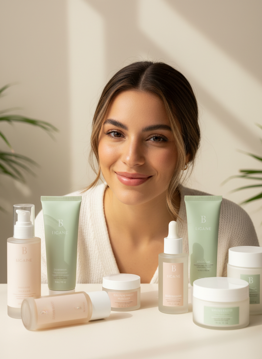 A warm and approachable portrait-style photo of a young woman with a soft smile, surrounded by skincare products on a light cream background, natural light, minimalist aesthetic, professional yet personal feel